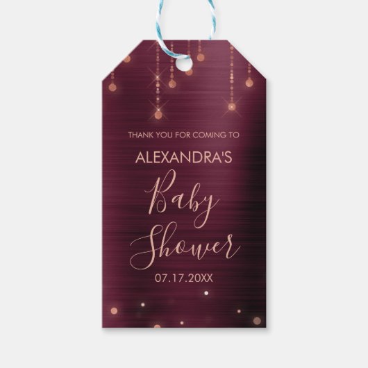 Burgund und Rose Gold Baby Dusche Geschenkanhänger (Vorderseite)