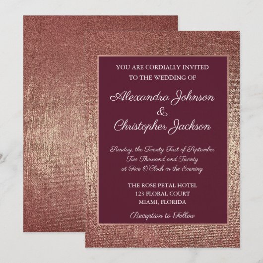 Burgund und Rose Gold Foil Fabric Wedding Einladung (Vorne/Hinten)