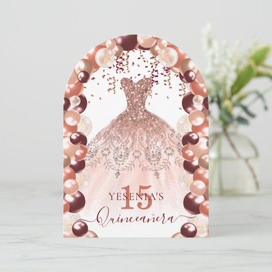 Burgund und Rose Gold Quinceañera Dress Ballon Einladung (Stehend Vorderseite)