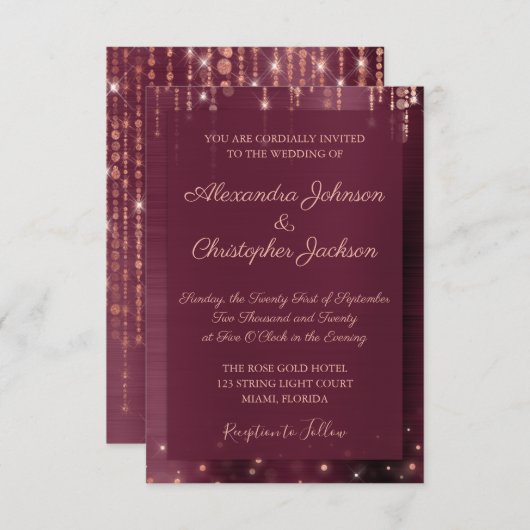 Burgund und Rose Gold Sparkle Wedding Einladung (Vorne/Hinten)