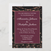 Burgund und Rose Gold String Lights Hochzeit Einladung (Vorderseite)