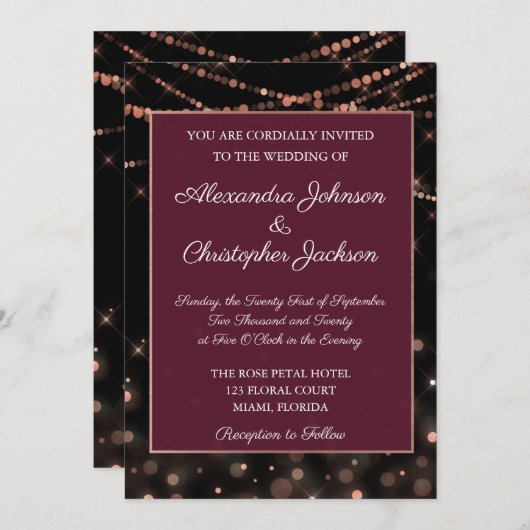 Burgund und Rose Gold String Lights Hochzeit Einladung (Vorne/Hinten)