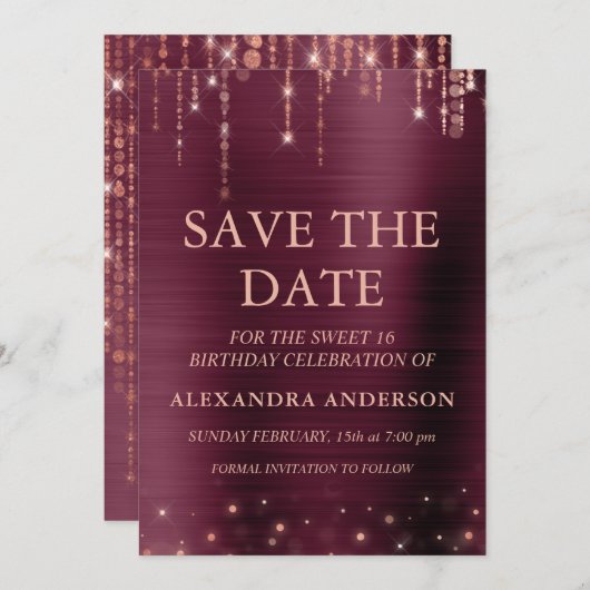 Burgund und Rose Gold Sweet 16 Save the Date Einladung (Vorne/Hinten)