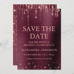 Burgund und Rose Gold Sweet 16 Save the Date Einladung