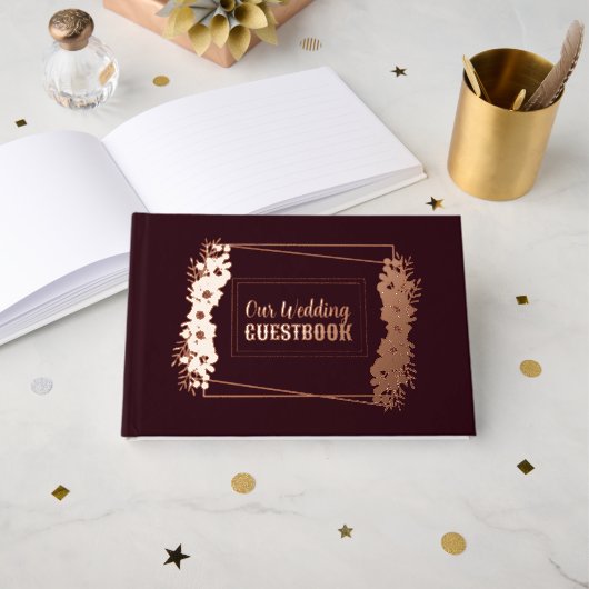 Burgund und Rose Goldene Foil-Hochzeit Gästebuch (Vorderseite Offen)
