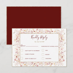 Burgund und roséfarbene Wildblumen-Hochzeit RSVP Karte