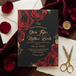 Burgund und schwarze ⎮ Rote Rose Blumenhochzeit Einladung