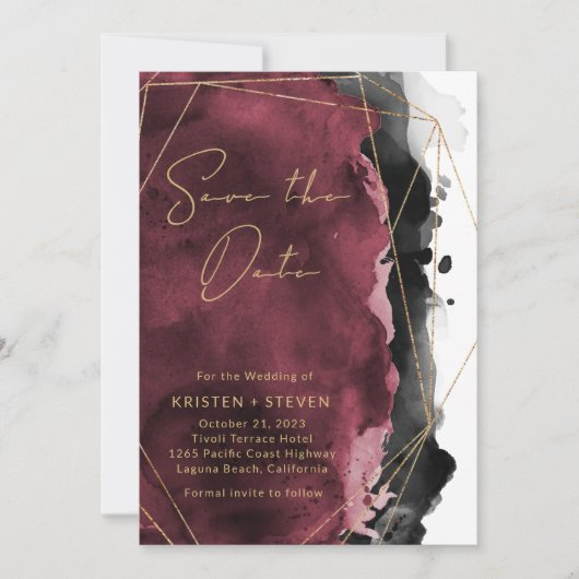 Burgund und Schwarze Wasserfarbe Save the Date Einladung (Vorderseite)