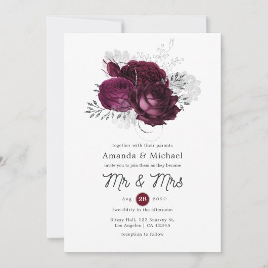 Burgund und Silberblume Einladung (Vorderseite)