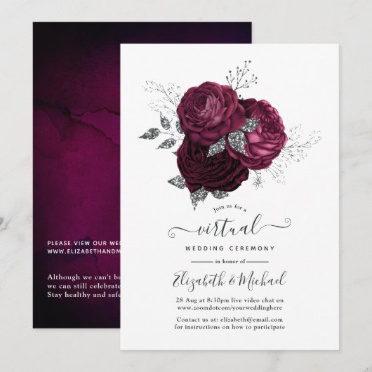 Burgund und Silver Floral Online Virtual Wedding Einladung (Vorne/Hinten)