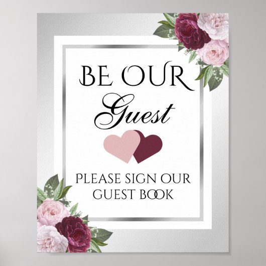 Burgund und Silver Floral Wedding Guest Book Sign Poster (Vorne)