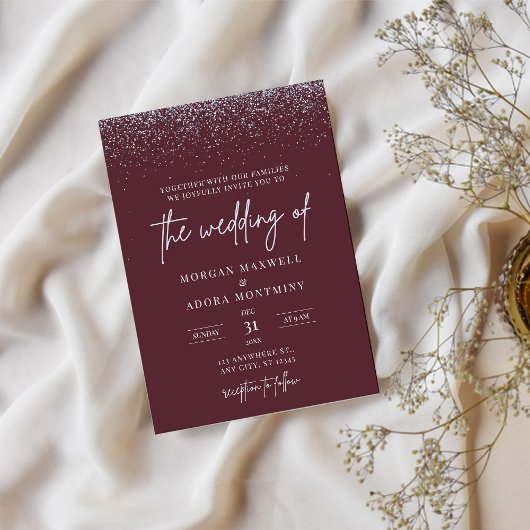 Burgund und Silver Glitzer Wedding Einladung