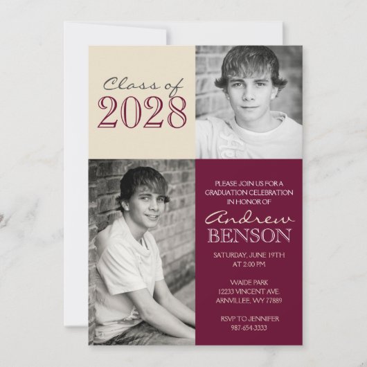 Burgund und Tan 2 Foto Abschluss Einladung (Vorderseite)