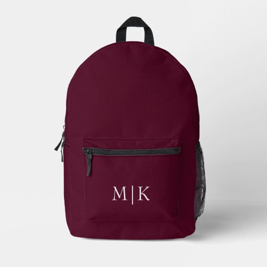Burgund und Weiß | Modernes Monogramm Bedruckter Rucksack (Vorderseite)