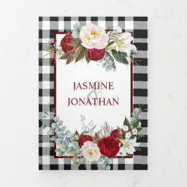 Burgund und Weiße Rosen, Buffalo Karierte Hochzeit Dreifach Gefaltete Einladung