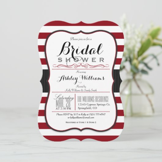 Burgund und weiße Streifen; elegantes Brautparty Einladung (Stehend Vorderseite)