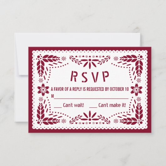 Burgund und weißes Papel Picado Quinceañera RSVP Karte (Vorderseite)