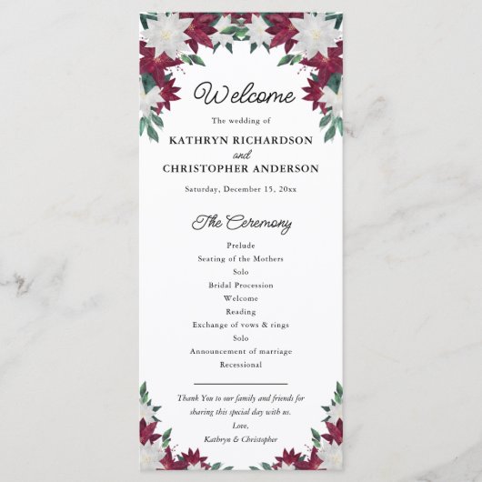 Burgund und White Poinsettia Weihnachtsfeier Programm (Vorderseite)