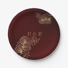 Burgund & vergoldete florale elegante Hochzeit Pappteller