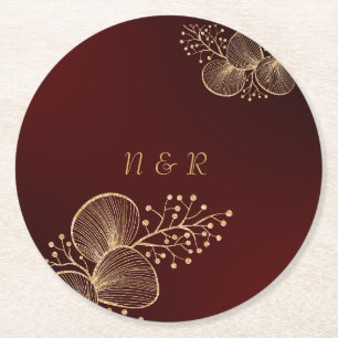 Burgund & vergoldeter floraler eleganter Hochzeit Runder Pappuntersetzer