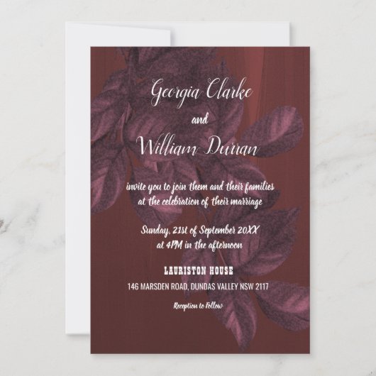 Burgund Verlasse Rustic Vintage Wedding Einladung (Vorderseite)