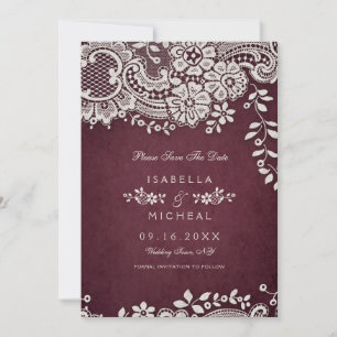 Burgund Vintage Spitze rustikale Hochzeit Save the Date