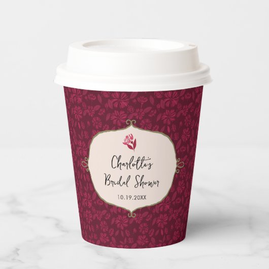 Burgund Vintages florales Brautparty Pappbecher (Vorderseite)