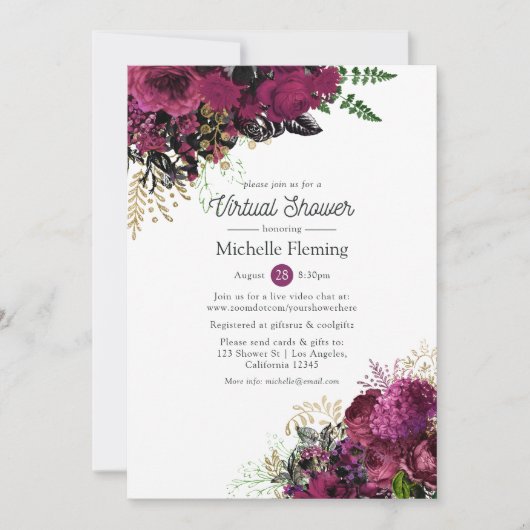 Burgund - Virtual Brautparty in Marsala und Gold Einladung (Vorderseite)