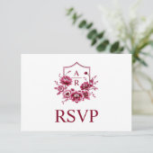 Burgund Wappen mit Intialien und qr Code Hochzeit RSVP Karte (Stehend Vorderseite)