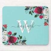 Burgund Wasserfarbe Blumenfloral Türkis Mit Monogr Mousepad (Vorne)