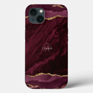 Burgund Wasserfarbe Gold Monogramm iPhone 13 Hülle