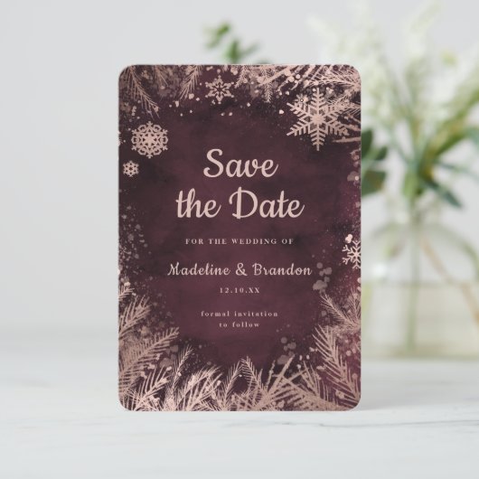 Burgund Wasserfarbe mit Rose Gold Winter Hochzeit Save The Date (Stehend Vorderseite)