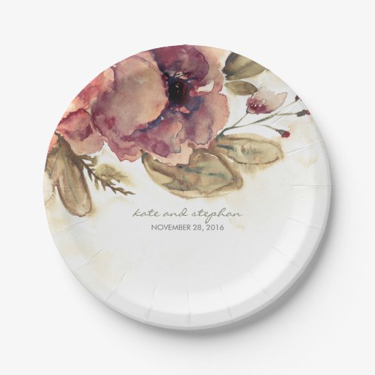 Burgund Wasserfarben Blume Vintag Fall Pappteller (Vorderseite)