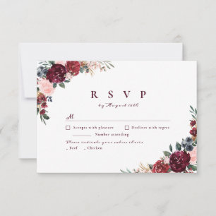 Burgund Wasserfarben Blumen rustikale Hochzeit RSVP Karte