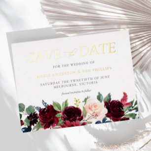 Burgund Wasserfarbenflorale Hochzeit Speichern Sie Folie Einladungspostkarte