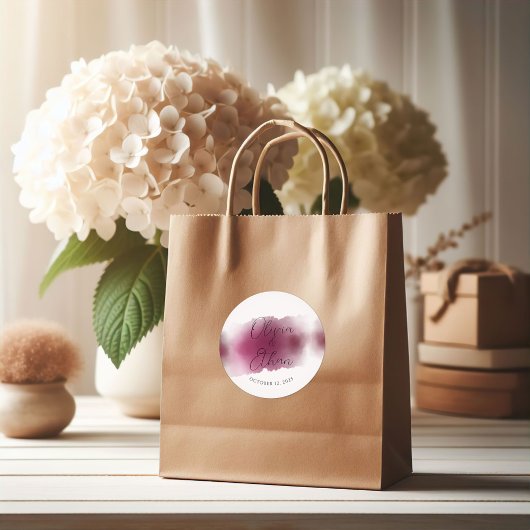 Burgund Wasserfarbenhochzeit - Elegante Namen Runder Aufkleber