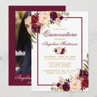 Burgund Watercolor Floral Gold Quinceanera Foto Einladung