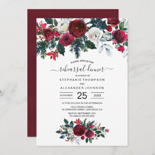 Burgund Watercolor Winter Blume Hochzeit Einladung (Vorne/Hinten)