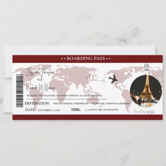 Burgund Wedding Einladung Boarding Ticket (Vorderseite)