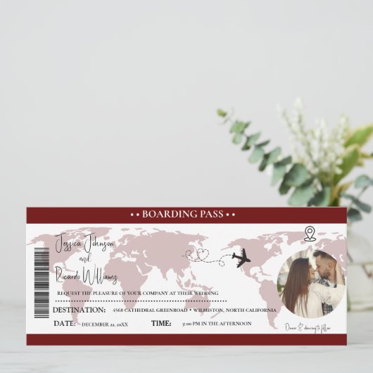 Burgund Wedding Einladung Boarding Ticket (Stehend Vorderseite)