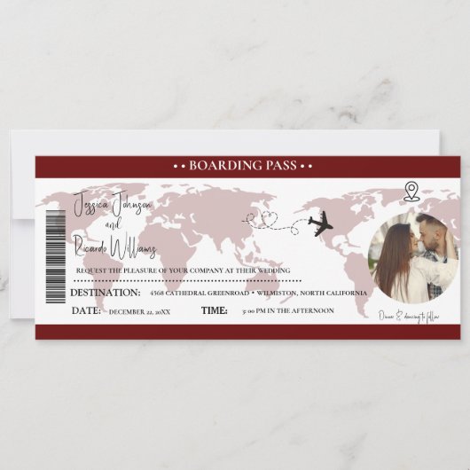 Burgund Wedding Einladung Boarding Ticket (Vorderseite)
