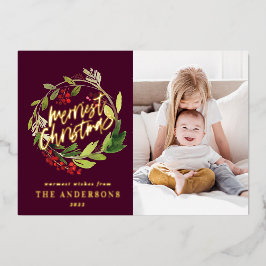 Burgund Weihnachten botanisches, modernes Foto Folien Feiertagskarte