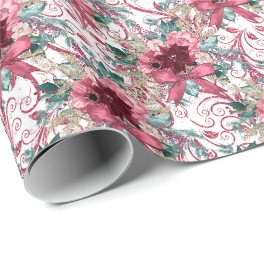 Burgund Weihnachten Poinsettia Watercolor Wrapping Geschenkpapier (Rolleneckpunkt)