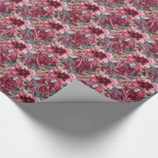 Burgund Weihnachten Poinsettia Watercolor Wrapping Geschenkpapier (Ecke)