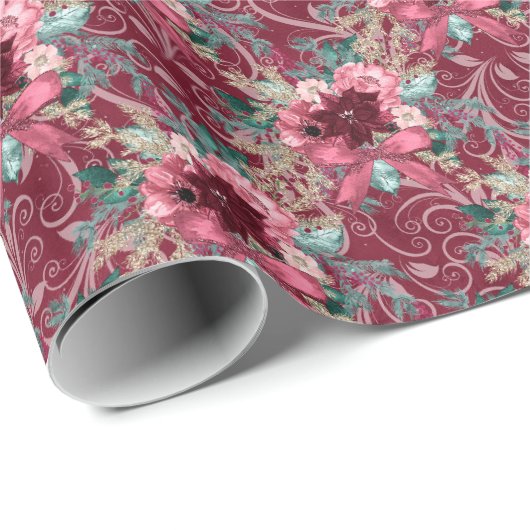 Burgund Weihnachten Poinsettia Watercolor Wrapping Geschenkpapier (Rolleneckpunkt)