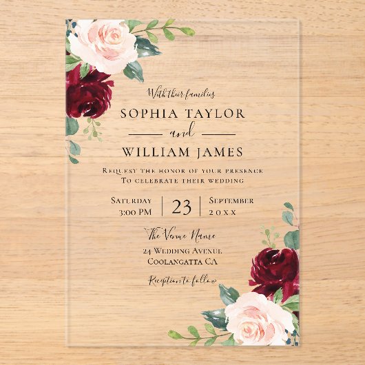 Burgund Wein & Blush Blumenzehen Acryleinladungen (Vorderseite)