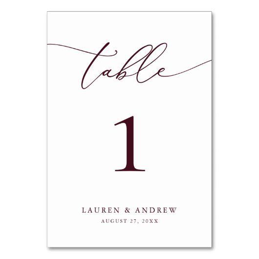 Burgund Wein Minimalistische Hochzeit | Event Cust Tischnummer (Vorderseite)