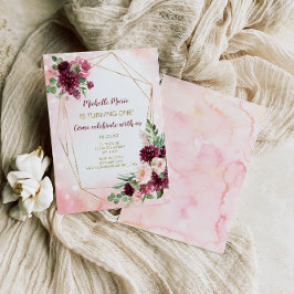 Burgund Wein Rosa und Gold Blüten Erster Geburtsta Einladung