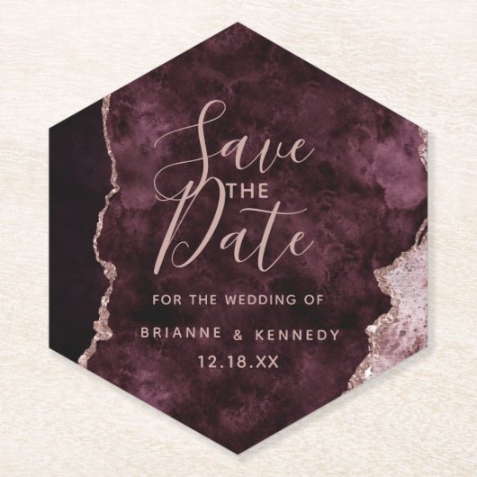 Burgund Wein Rose Gold Agate Marmor Save the Date Untersetzer (Vorderseite)