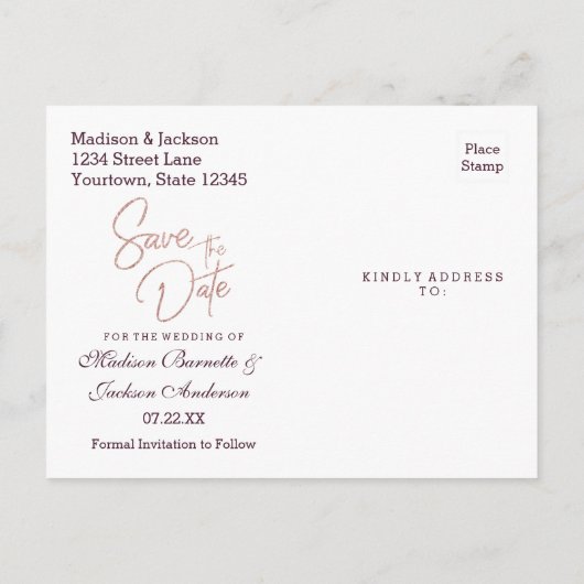 Burgund Wein & Rose Gold Hochzeit Sichern Sie das Ankündigungspostkarte (Rückseite)